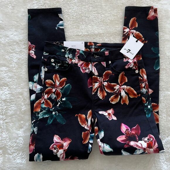 7 For All Mankind Tropical Floral Print Skinny Jeans Black - Picture 3 of 8
